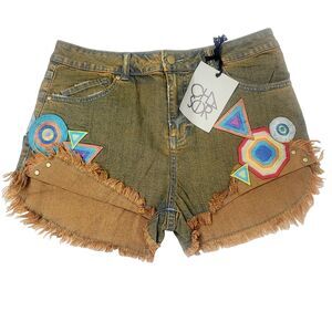 NEW Chaser Jean Shorts 30 Brown Wash Over Blue Embroidered Patches‎ Raw Hem High